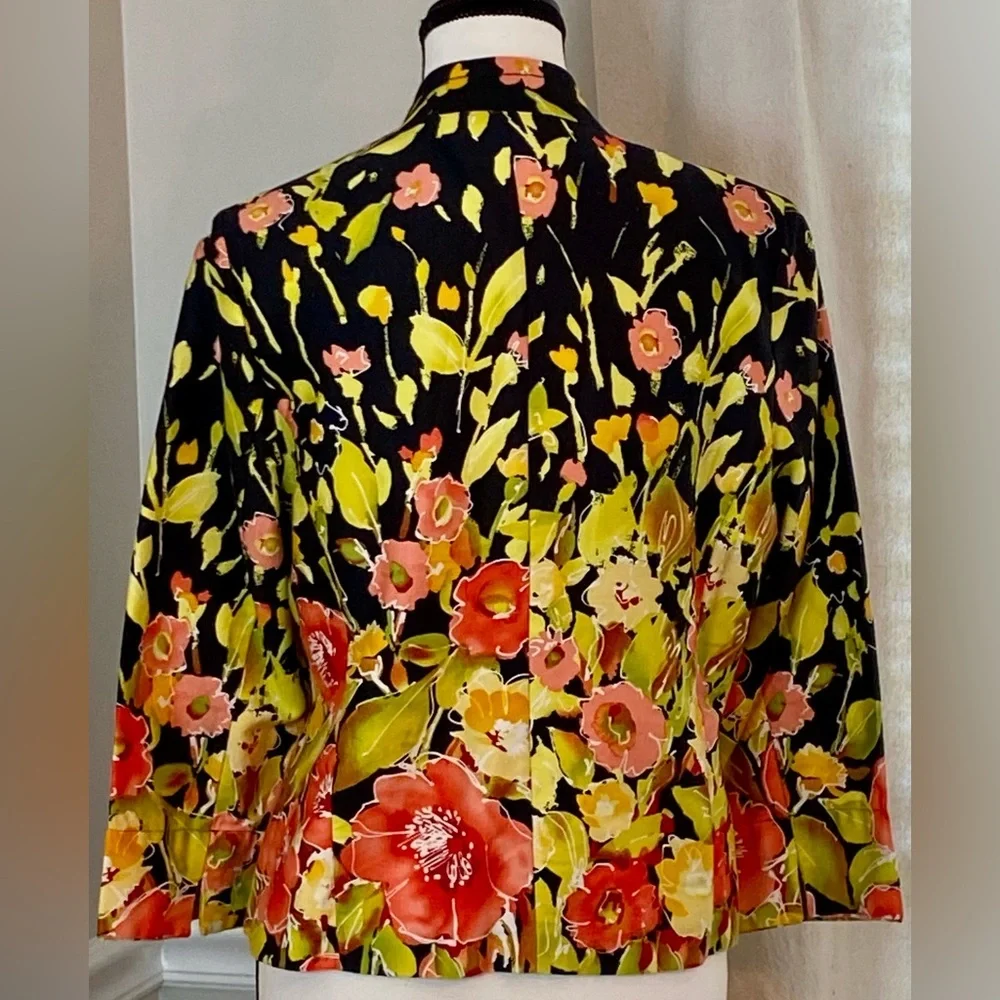 Erin London Petite Medium Floral Open Front Jacket Fitted Black Pink Yellow